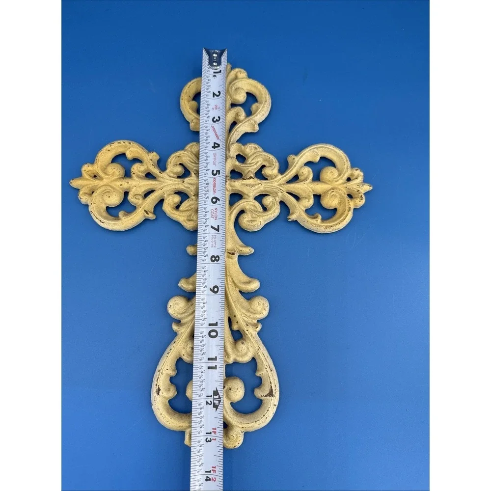 Shabby Chic Cast Iron Hanging Wall Cross Decor Cream Off White Distressed Finish